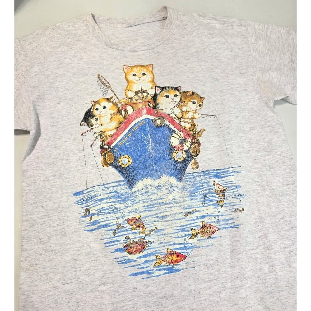 Vintage Fishing Kitty Cat Shirt Medium Single Stitch Tee Heather Gray Funny Cute